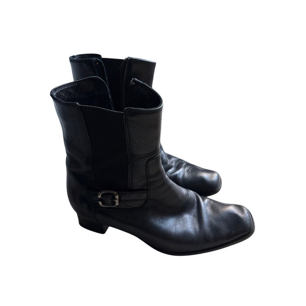 Italian Leather Square Toe Ankle Boots Black Size 35.5 - Vintage